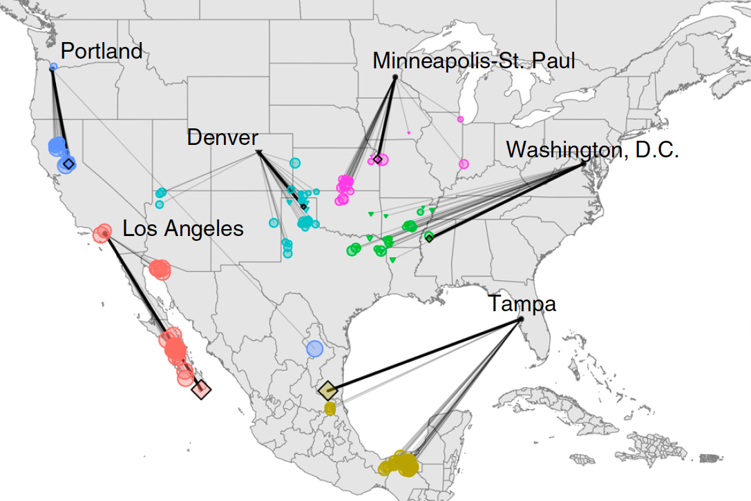 Map of the United States showing how climate change will shift the climate of cities 500 miles to the south by 2080.