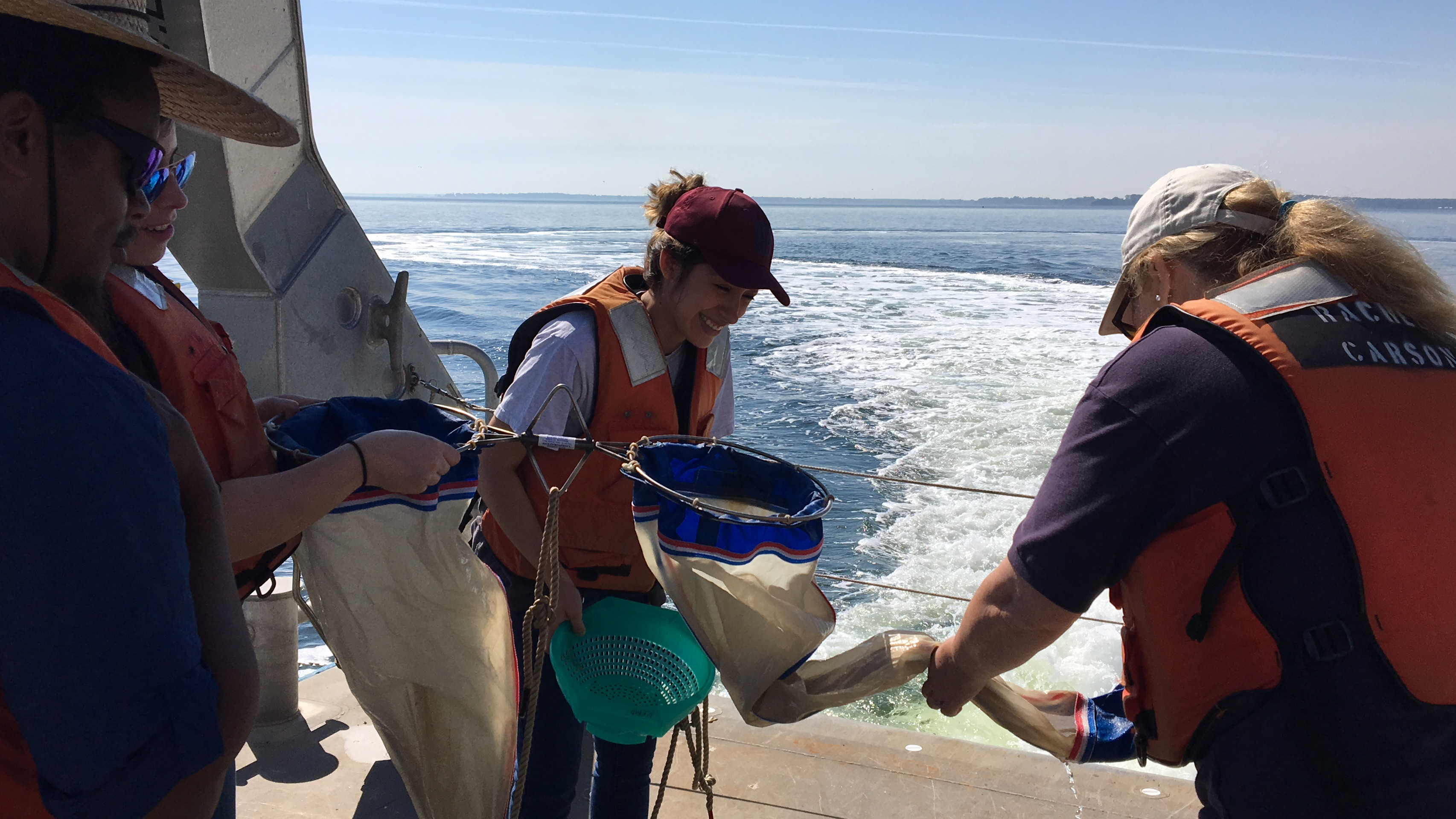 Meshed nets like this one were dragged across the water from the Rachel Carson to pull in plankton for the group to observe.